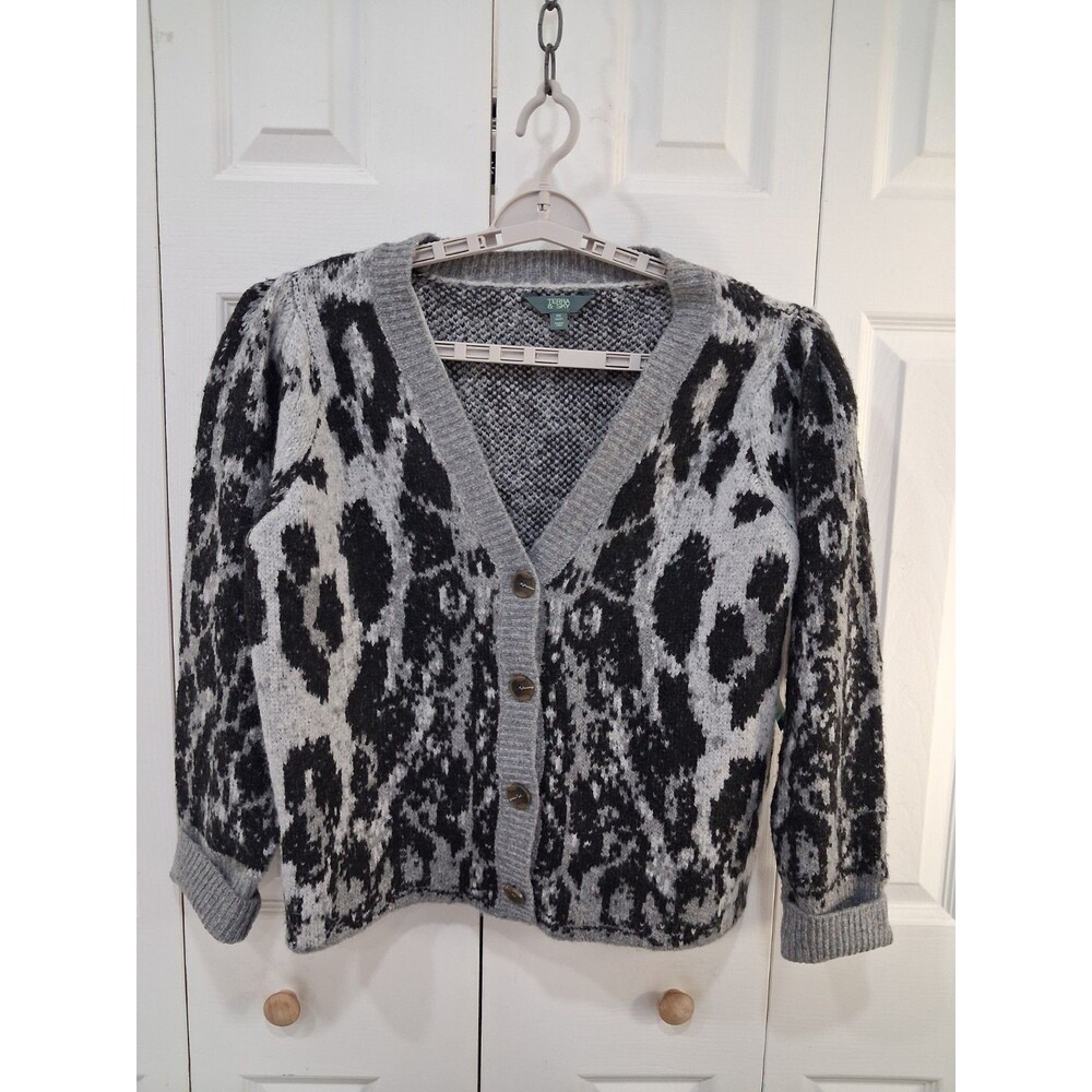 NEW Leopard Cardigan Sweater Womens Gray/Black Animal Print V-Neck Button Front